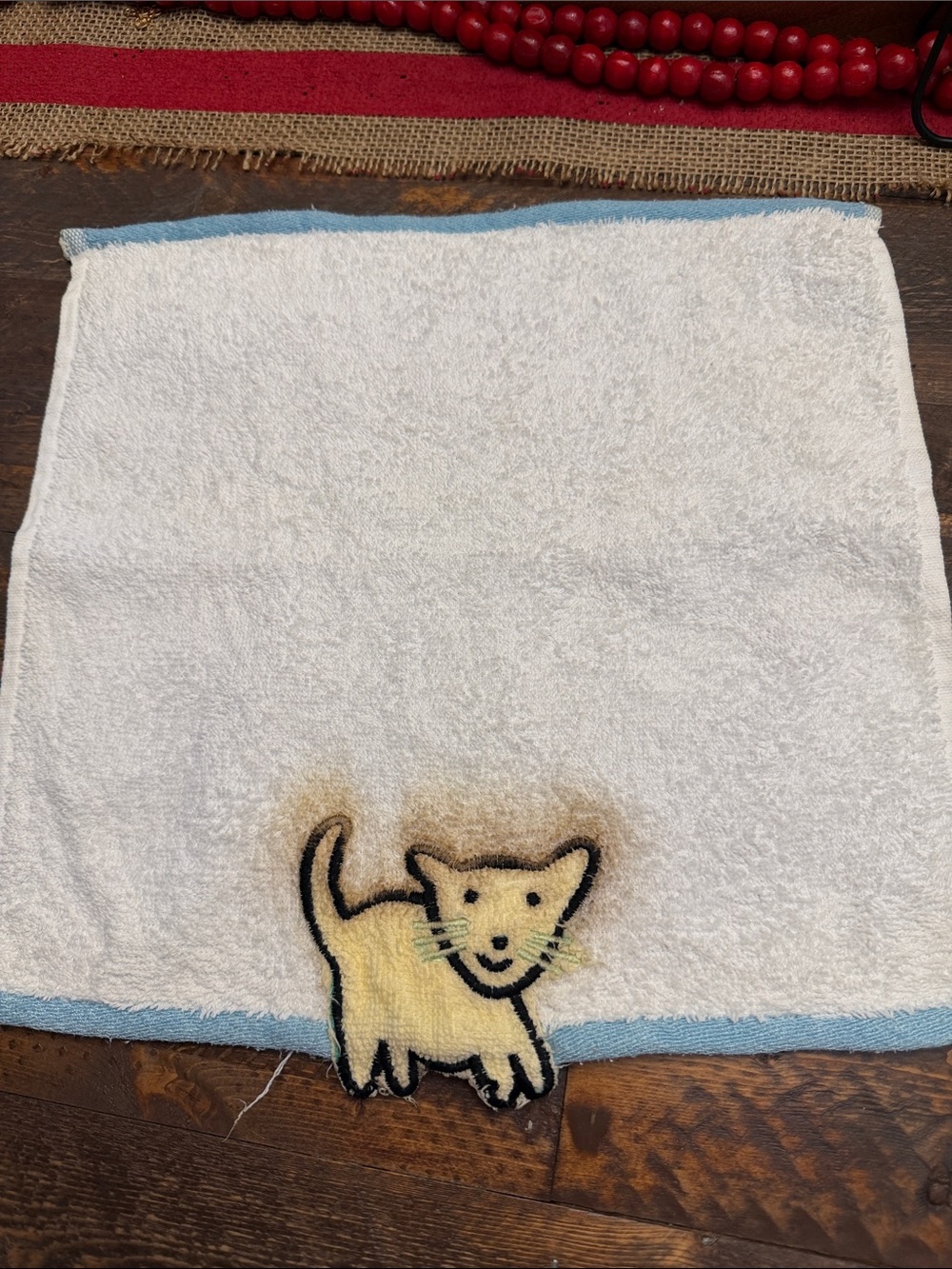 Vintage Saturday Knight Ltd White Blue Trim Cat Washcloth Towel Replacement